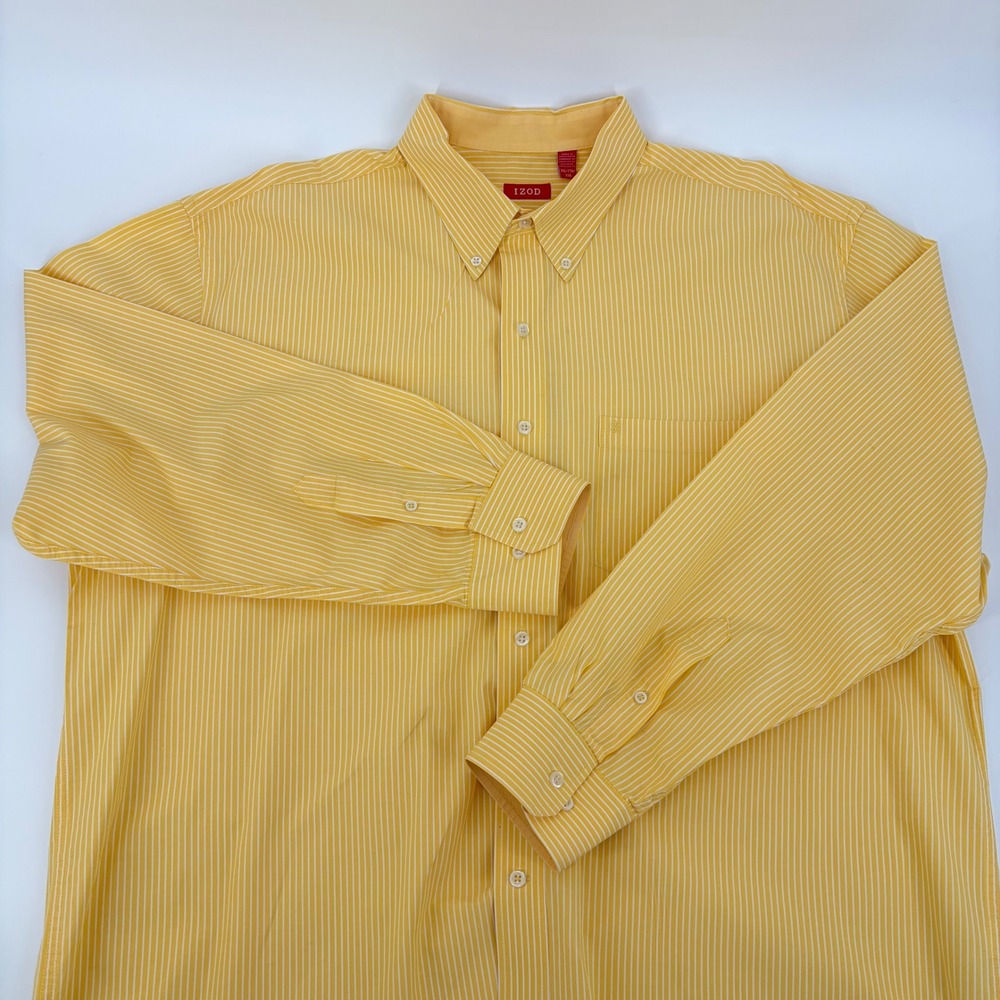 IZOD Button Down Shirt Mens XXL Yellow White Striped Long Sleeve Preppy Classic - Picture 6 of 9